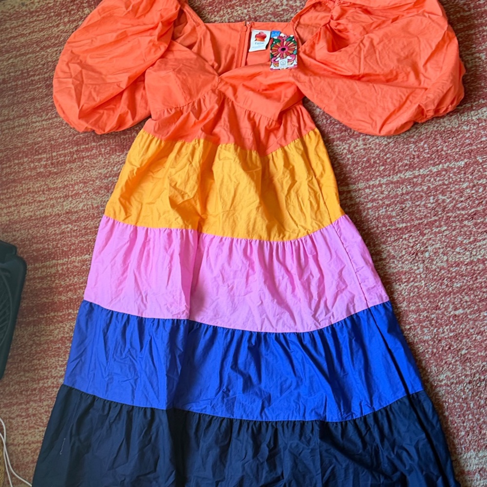FARM Rio Orange and Yellow Tiered Dress with Puff Sleeves